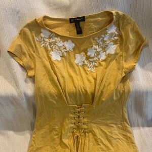 INC International Concepts Mustard Top with White Floral Detail